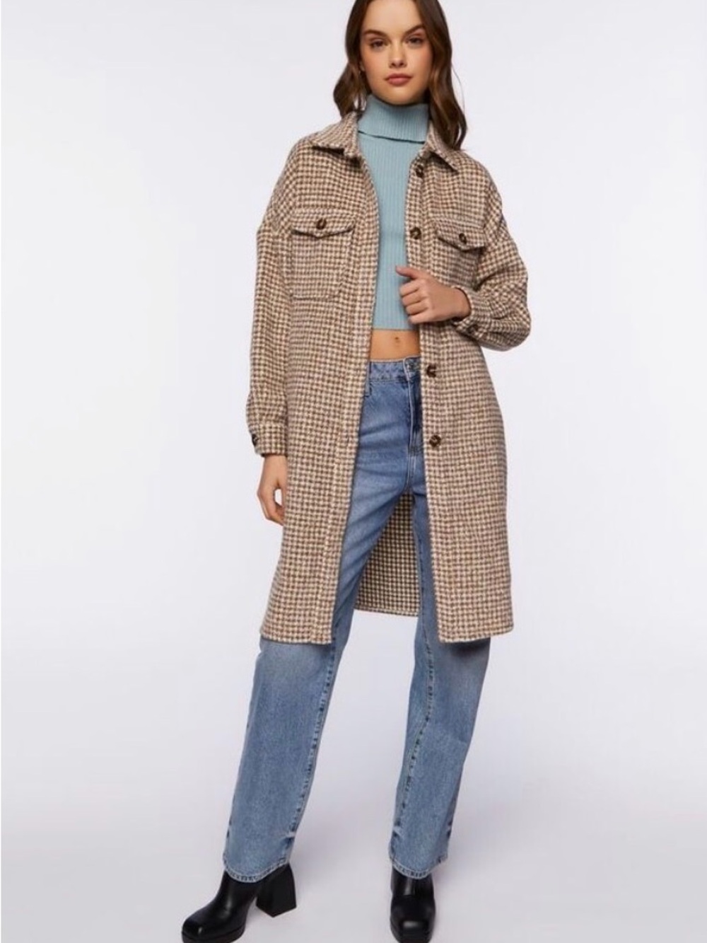 Forever 21 Beige Houndstooth Teddy Shacket Coat